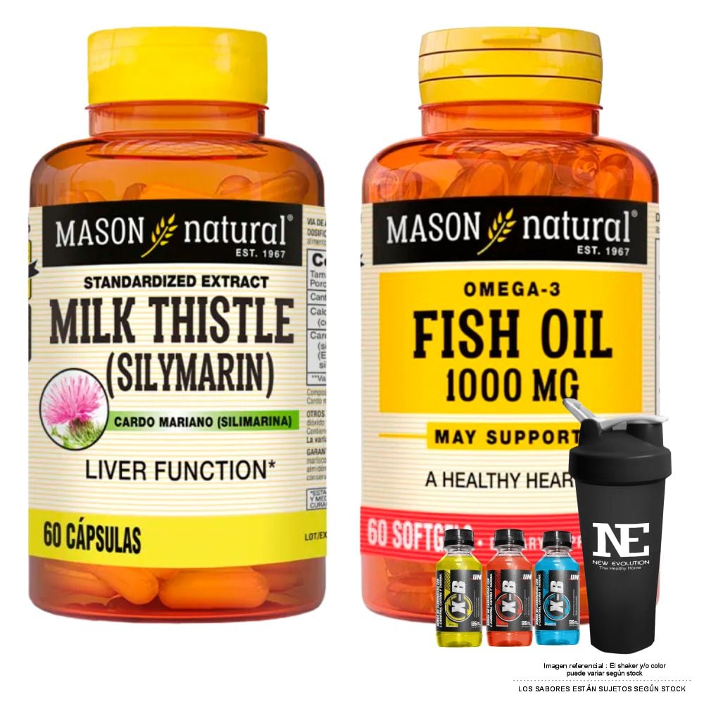 COMBO VITAMINAS MASON NATURAL - SILIMARINA (MILK THISTLE) (60 CAP) + OMEGA 3 FISH OIL 1000 MG (60 SOFTG) + SHAKER - 1