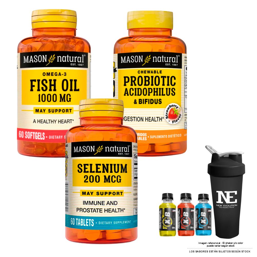 COMBO VITAMINAS MASON NATURAL - OMEGA 3 FISH OIL 1000 MG + PROBIÓTICO ACIDOPHILUS Y BIFIDUS + SELENIO 200 MCG + SHAKER - 1
