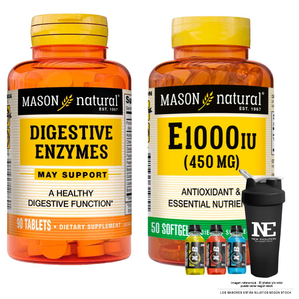 COMBO VITAMINAS MASON NATURAL -  ENZIMAS DIGESTIVAS (90 TAB) + VITAMINA E-1000 UI (450 MG) (50 SOFTG) + SHAKER - 1