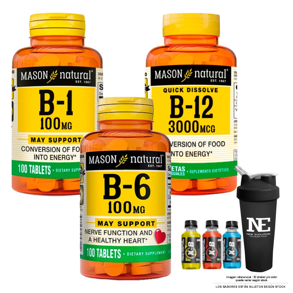 COMBO VITAMINAS MASON NATURAL - VITAMINA B-1 100 MG + VITAMINA B-12 3000 MCG (60 TAB SUBL) + VITAMINA B-6 100 MG +SHAKER - 1