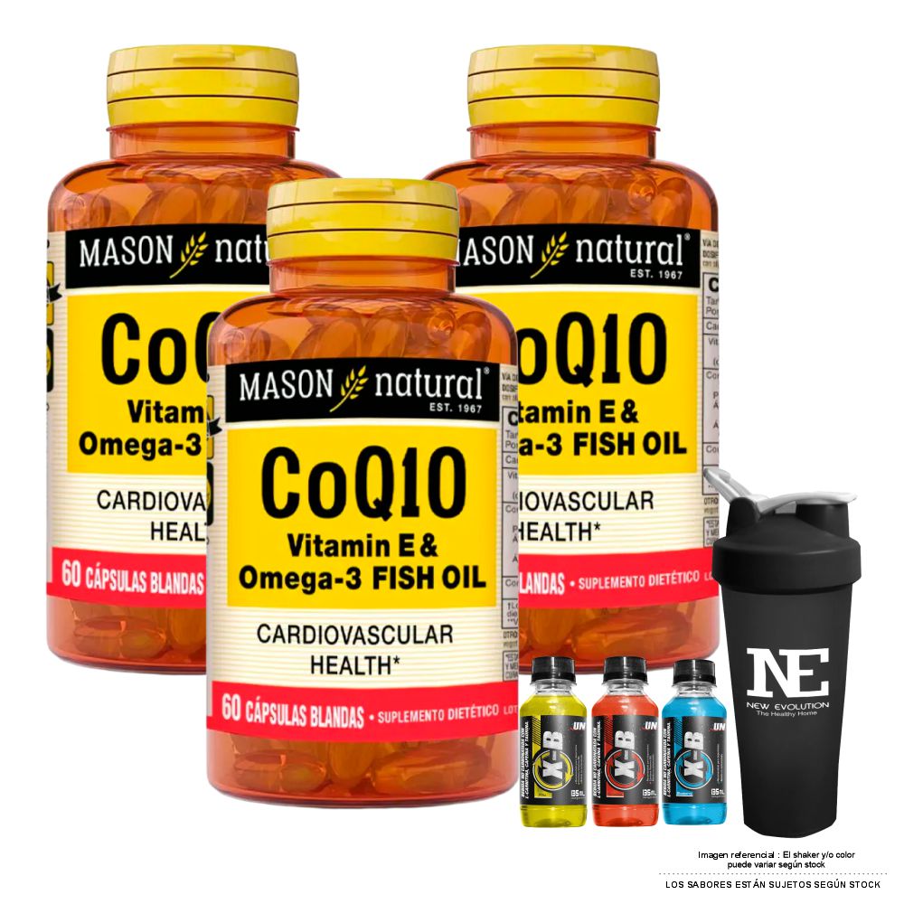 COMBO VITAMINAS MASON NATURAL - 3 COQ10 (VITAMINA E Y OMEGA 3 FISH OIL) (60 SOFTG) + SHAKER - 1