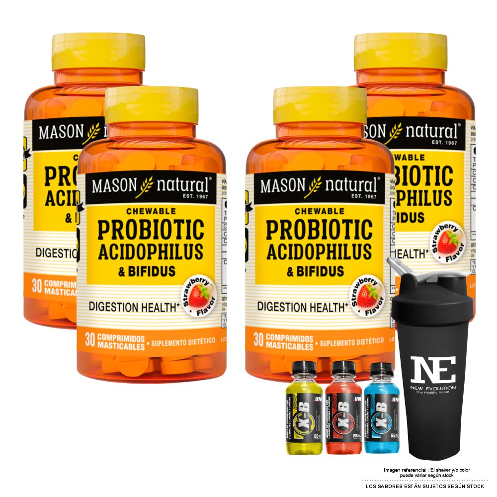 COMBO VITAMINAS MASON NATURAL - 4 PROBIÓTICO ACIDOPHILUS Y BIFIDUS (30 COMP MAST) + SHAKER - 1