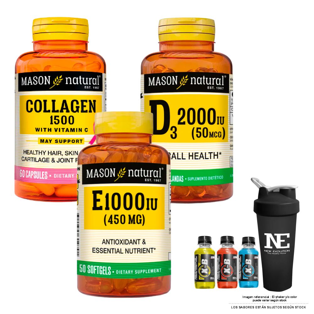 COMBO VITAMINAS MASON - COLÁGENO 1500 PLUS + BIOTINA+VITAMINA C + D-3 2000 UI + VITAMINA E-1000 UI (450 MG) + SHAKER - 1