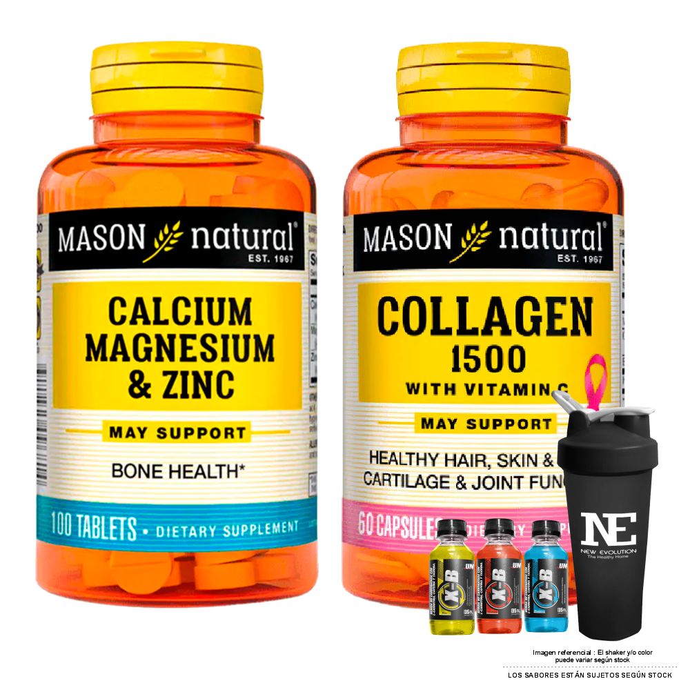 COMBO VITAMINAS MASON NATURAL -  CALCIO, MAGNESIO Y ZINC (100 TAB) + COLÁGENO 1500 PLUS+BIOTINA+VITAMINA C + SHAKER - 1
