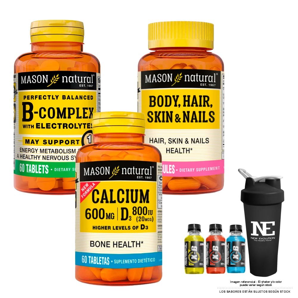 COMBO VITAMINAS MASON - COMPLEJO B CON ELECTROLITOS + MULTIVITAMÍNICO PARA CABELLO,PIEL + CALCIO 600MG D3 800IU + SHAKER - 1
