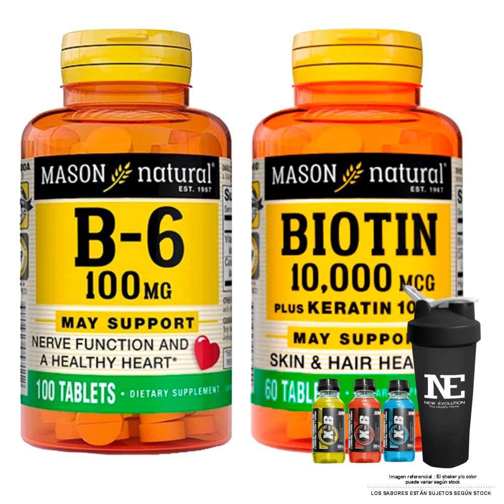 COMBO VITAMINAS MASON NATURAL - VITAMINA B-6 100 MG (100 TAB) + BIOTINA 10,000 PLUS KERATINA 100 MG (60 TAB) + SHAKER - 1