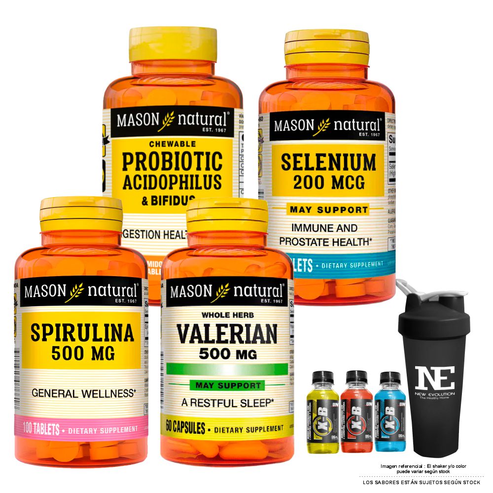 COMBO VITAMINAS MASON - PROBIÓTICO ACIDOPHILUS Y BIFIDUS + SELENIO 200 MCG + ESPIRULINA 500MG + VALERIANA 500 MG +SHAKER - 1