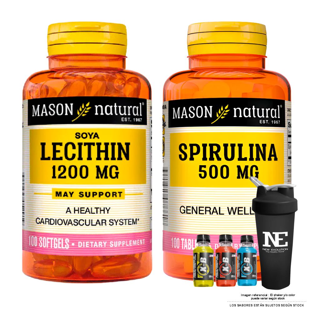COMBO VITAMINAS MASON NATURAL - LECITINA DE SOYA 1200 MG (100 SOFTG) + ESPIRULINA 500 MG (100 TAB) + SHAKER - 1