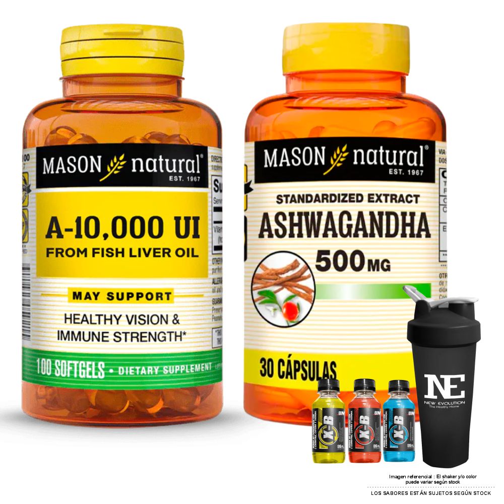 COMBO VITAMINAS MASON NATURAL- VITAMINA A 10,000 UI FROM FISH LIVER OIL (100 SOFTG)+ ASHWAGANDHA 500 MG (30 CAP) +SHAKER - 1