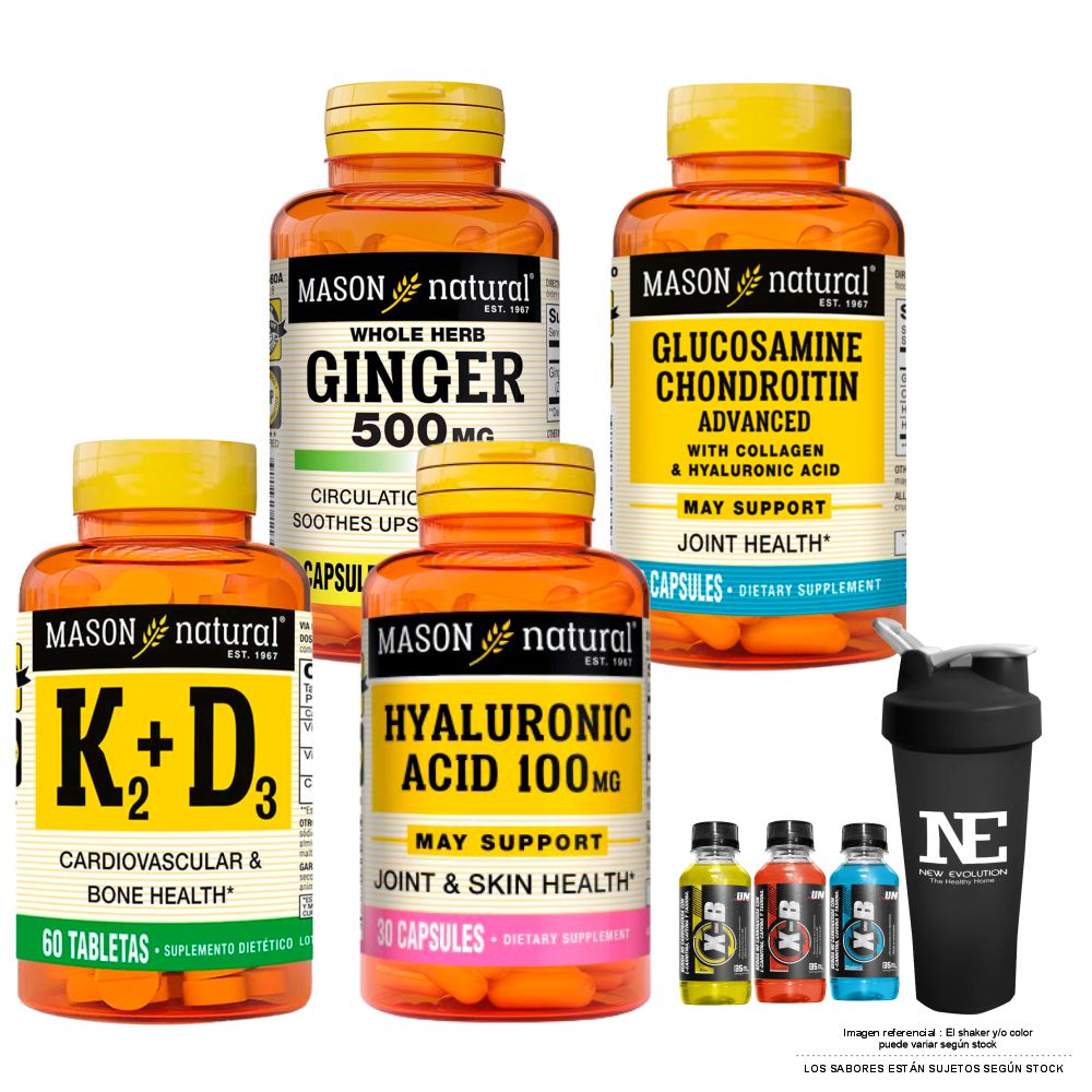COMBO VITAMINAS MASON - GINGER (KION) 500MG + GLUCOSAMINA CONDROITINA + ÁCIDO HIALURÓNICO 100MG + VITAMINA K2+D3 +SHAKER - 1