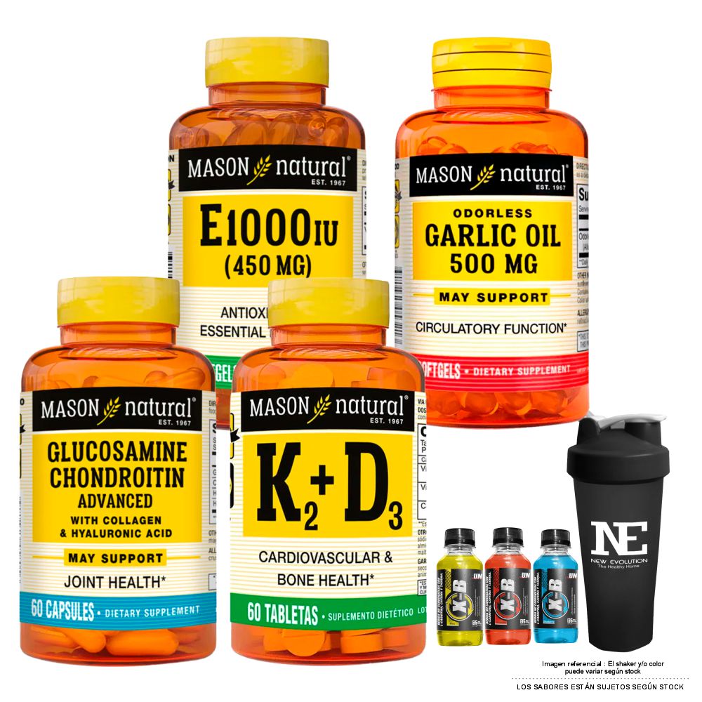COMBO VITAMINAS MASON - VITAMINA E-1000 UI + ACEITE DE AJO 500 MG + GLUCOSAMINA CONDROITINA + VITAMINA K2+D3 + SHAKER - 1