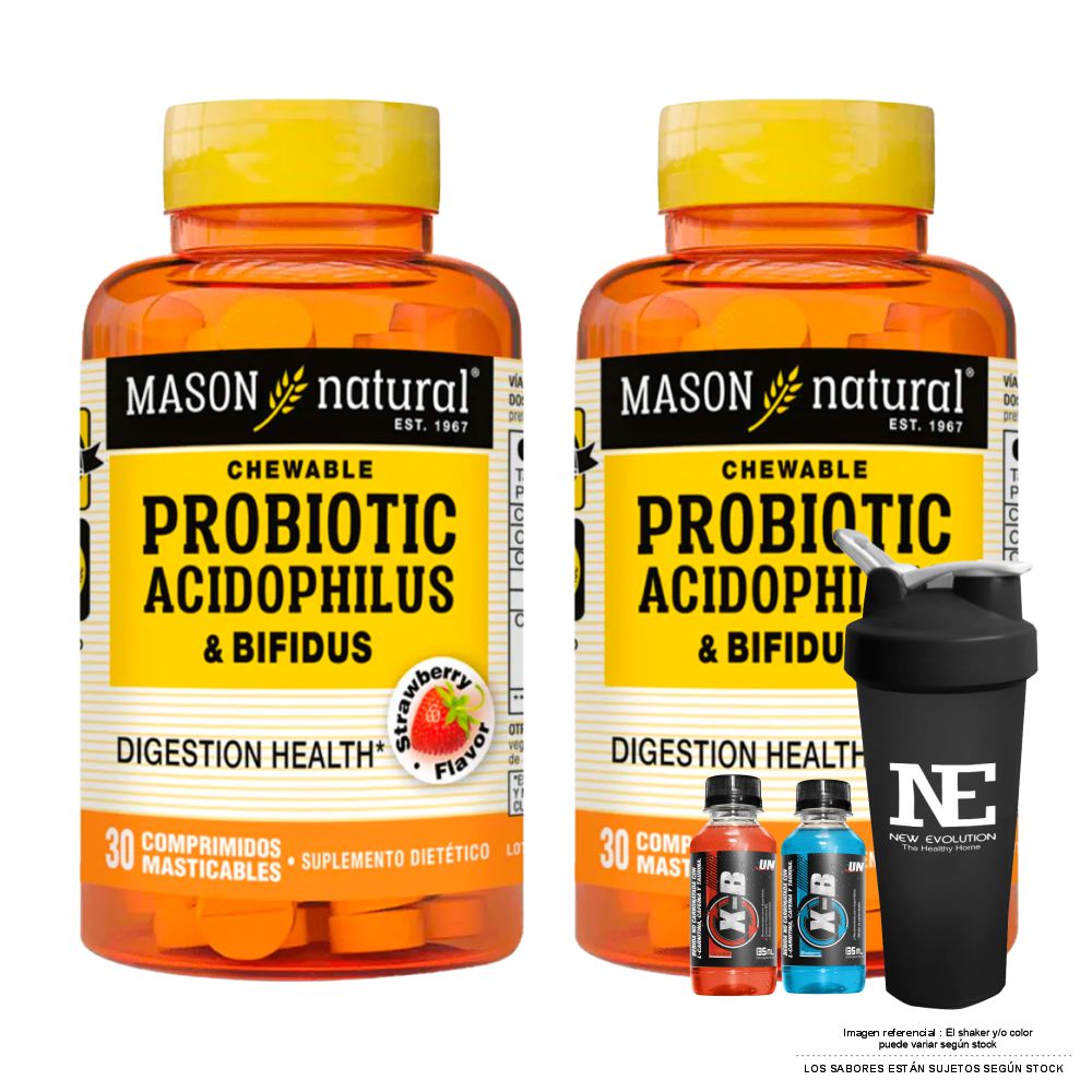 COMBO VITAMINAS MASON NATURAL - 2 PROBIÓTICO ACIDOPHILUS Y BIFIDUS (30 COMP MAST) + SHAKER - 1