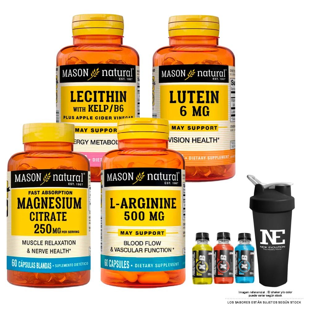 COMBO VITAMINAS MASON NATURAL- L-ARGININA 500 MG (60 CAP)+ LECITINA KELP B6 + LUTEÍNA 6 MG + CITRATO DE MAGNESIO +SHAKER - 1