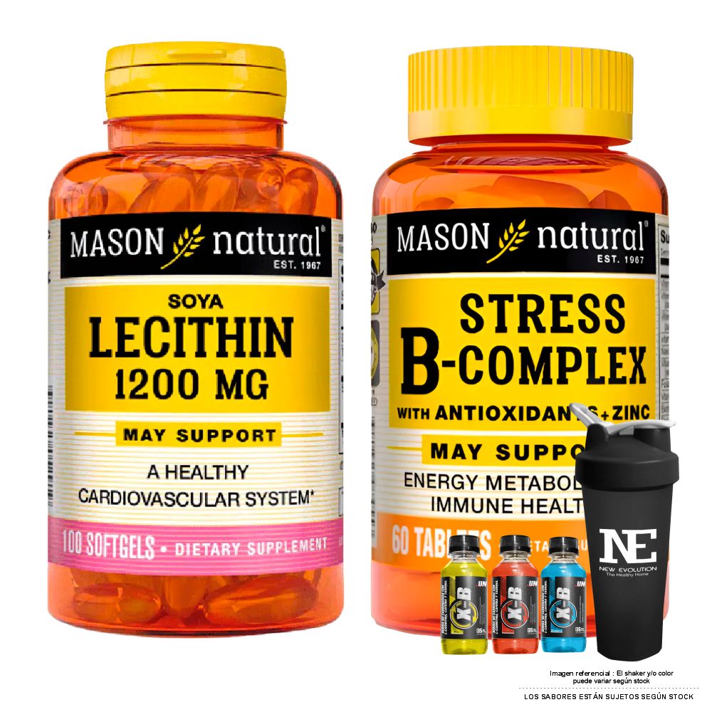 COMBO VITAMINAS MASON NATURAL - LECITINA DE SOYA 1200 MG (100 SOFTG)+ STRESS FORMULA B-COMPLEX CON ANTIOXIDANTES +SHAKER - 1