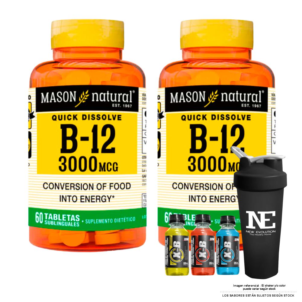 COMBO VITAMINAS MASON NATURAL - 2 VITAMINA B-12 3000 MCG (60 TAB SUBL) + SHAKER - 1