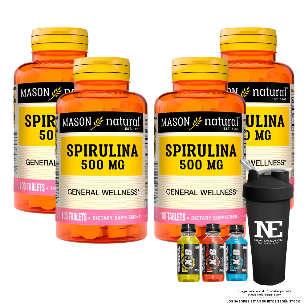 COMBO VITAMINAS MASON NATURAL - 4 ESPIRULINA 500 MG (100 TAB) + SHAKER - 1
