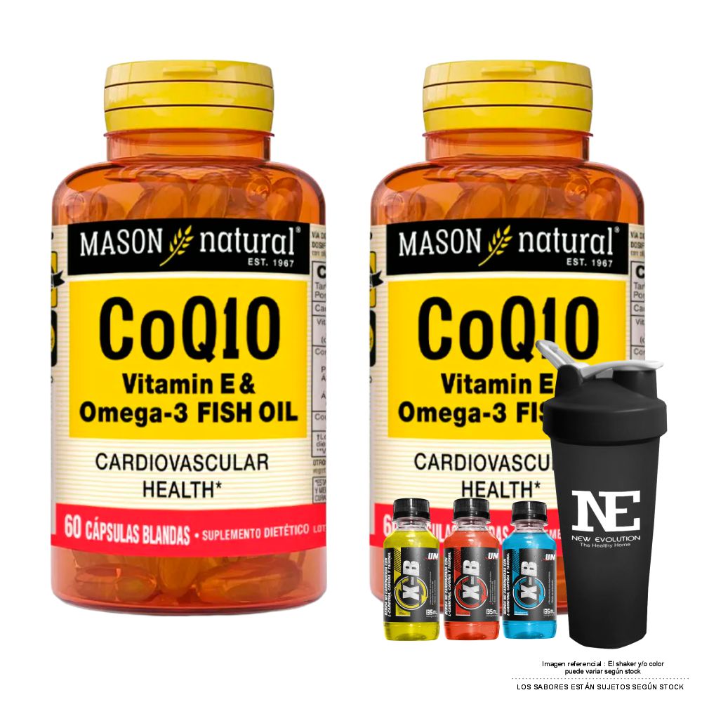 COMBO VITAMINAS MASON NATURAL - 2 COQ10 (VITAMINA E Y OMEGA 3 FISH OIL) (60 SOFTG) + SHAKER - 1