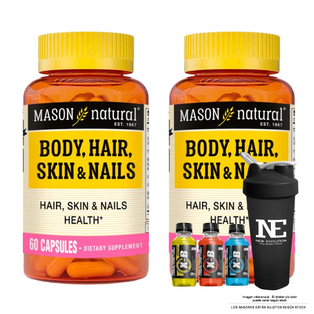 COMBO VITAMINAS MASON NATURAL - 2 MULTIVITAMÍNICO PARA CABELLO, PIEL Y UÑAS (60 CAP) + SHAKER - 1