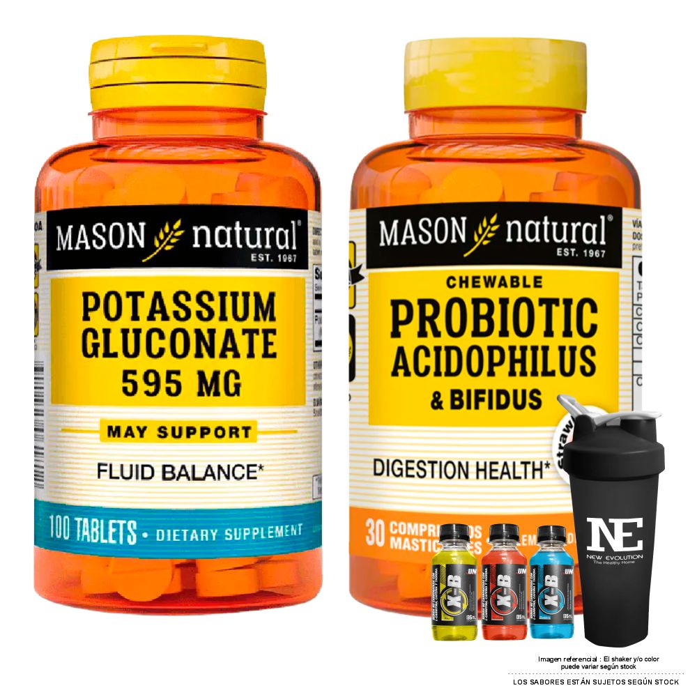 COMBO VITAMINAS MASON NATURAL - GLUCONATO DE POTASIO 595 MG + PROBIÓTICO ACIDOPHILUS Y BIFIDUS (30 COMP MAST) + SHAKER - 1