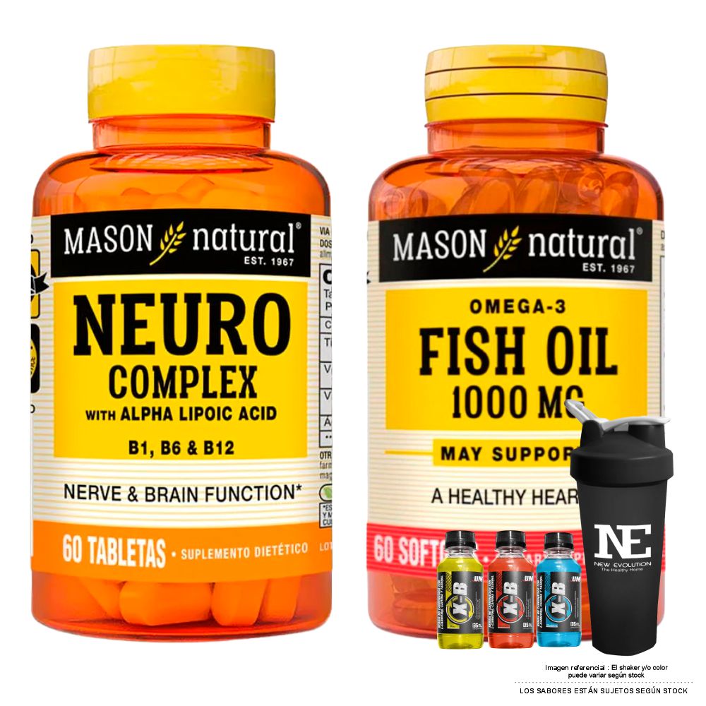 COMBO VITAMINAS MASON NATURAL - NEURO COMPLEX CON ÁCIDO ALFA LIPOICO (60 TAB)+ OMEGA 3 FISH OIL 1000MG (60 SOFTG)+SHAKER - 1