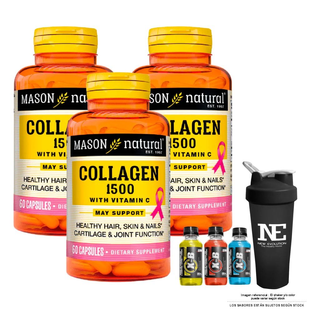 COMBO VITAMINAS MASON NATURAL - 3 COLÁGENO 1500 PLUS + BIOTINA + VITAMINA C (60 CAP) + SHAKER - 1