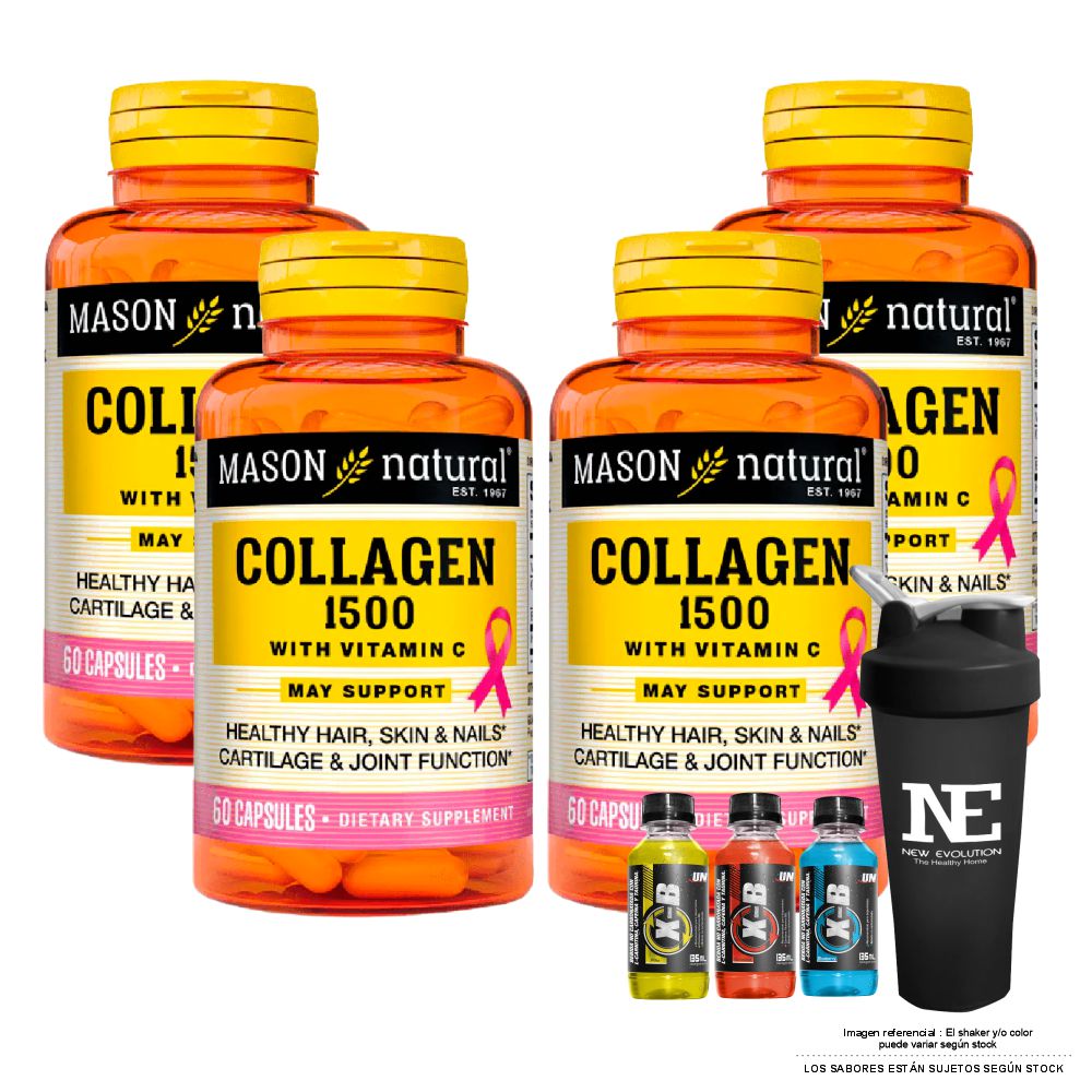 COMBO VITAMINAS MASON NATURAL - 4 COLÁGENO 1500 PLUS + BIOTINA + VITAMINA C (60 CAP) + SHAKER - 1