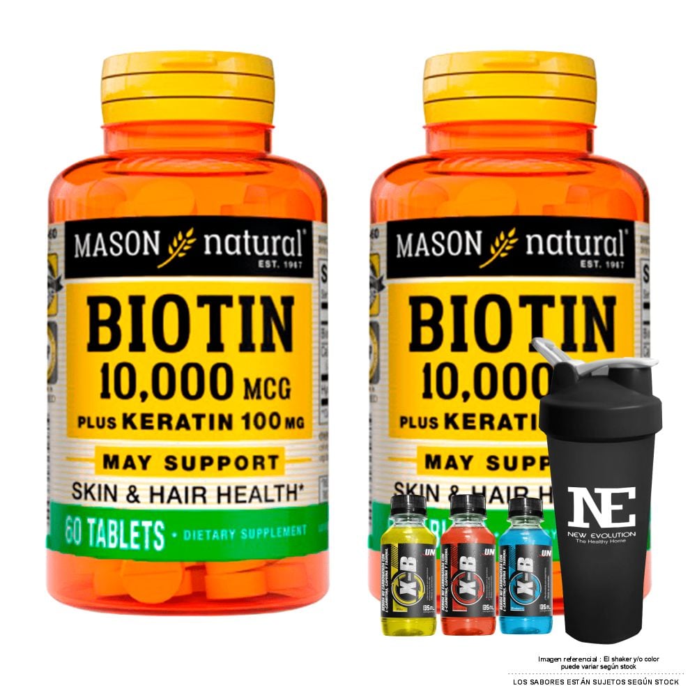 COMBO VITAMINAS MASON NATURAL - 2 BIOTINA 10,000 PLUS KERATINA 100 MG (60 TAB) + SHAKER - 1