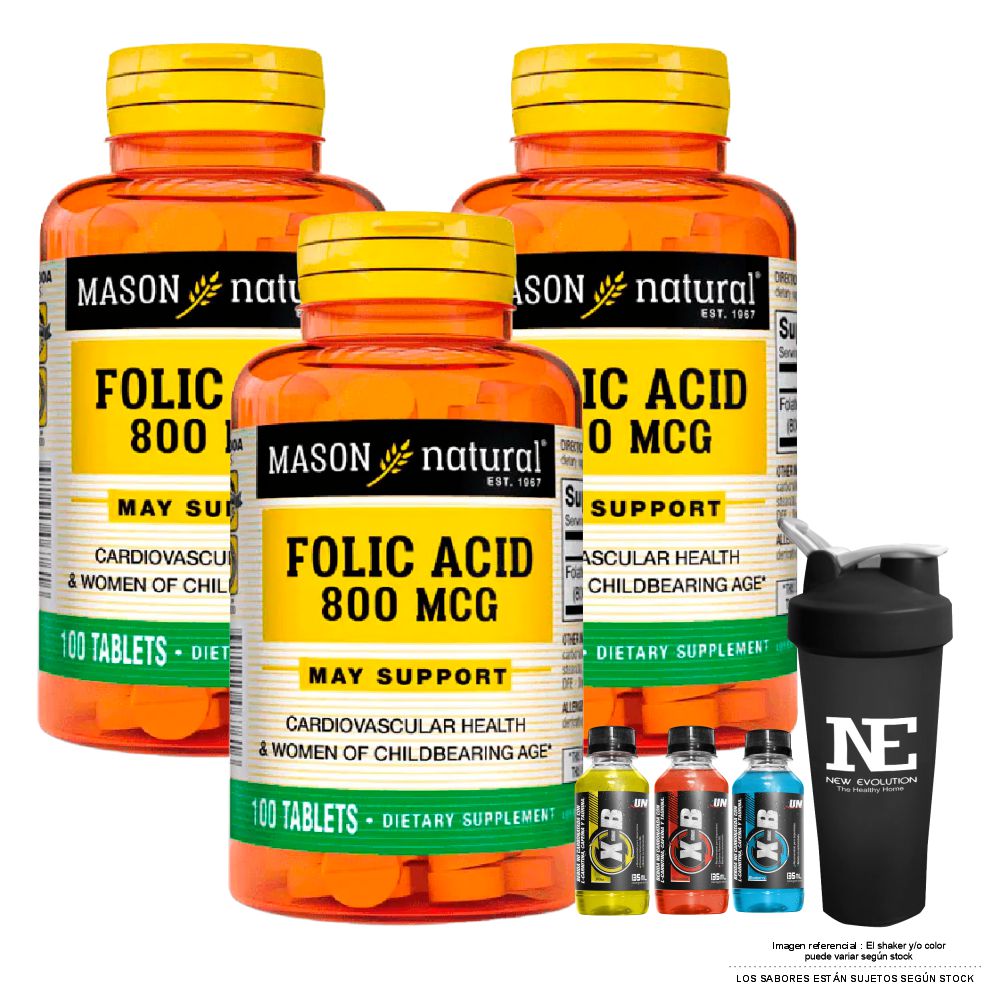 COMBO VITAMINAS MASON NATURAL - 3 ÁCIDO FÓLICO 800 MCG (100 TAB) + SHAKER - 1