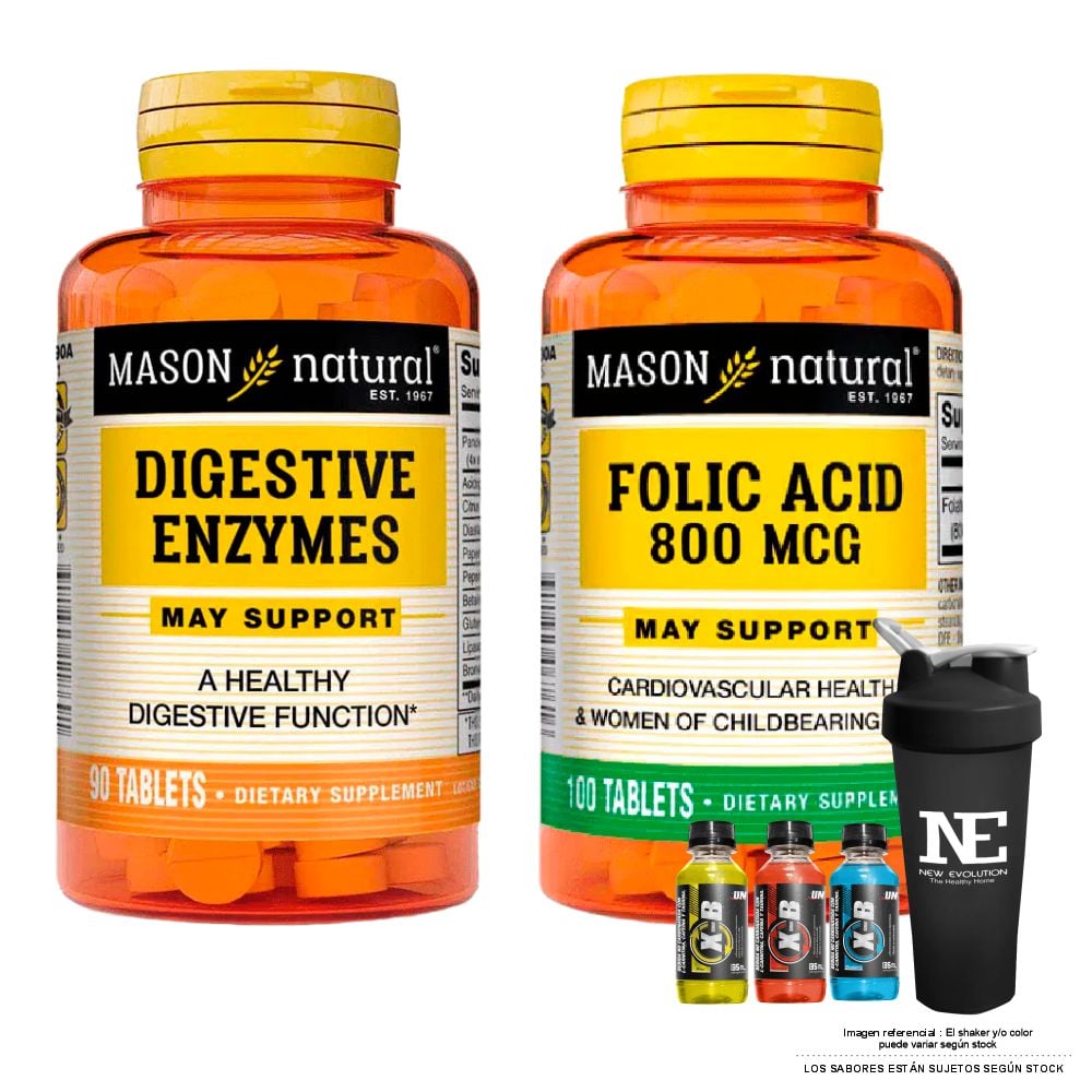 COMBO VITAMINAS MASON NATURAL - ENZIMAS DIGESTIVAS (90 TAB) + ÁCIDO FÓLICO 800 MCG (100 TAB) + SHAKER - 1