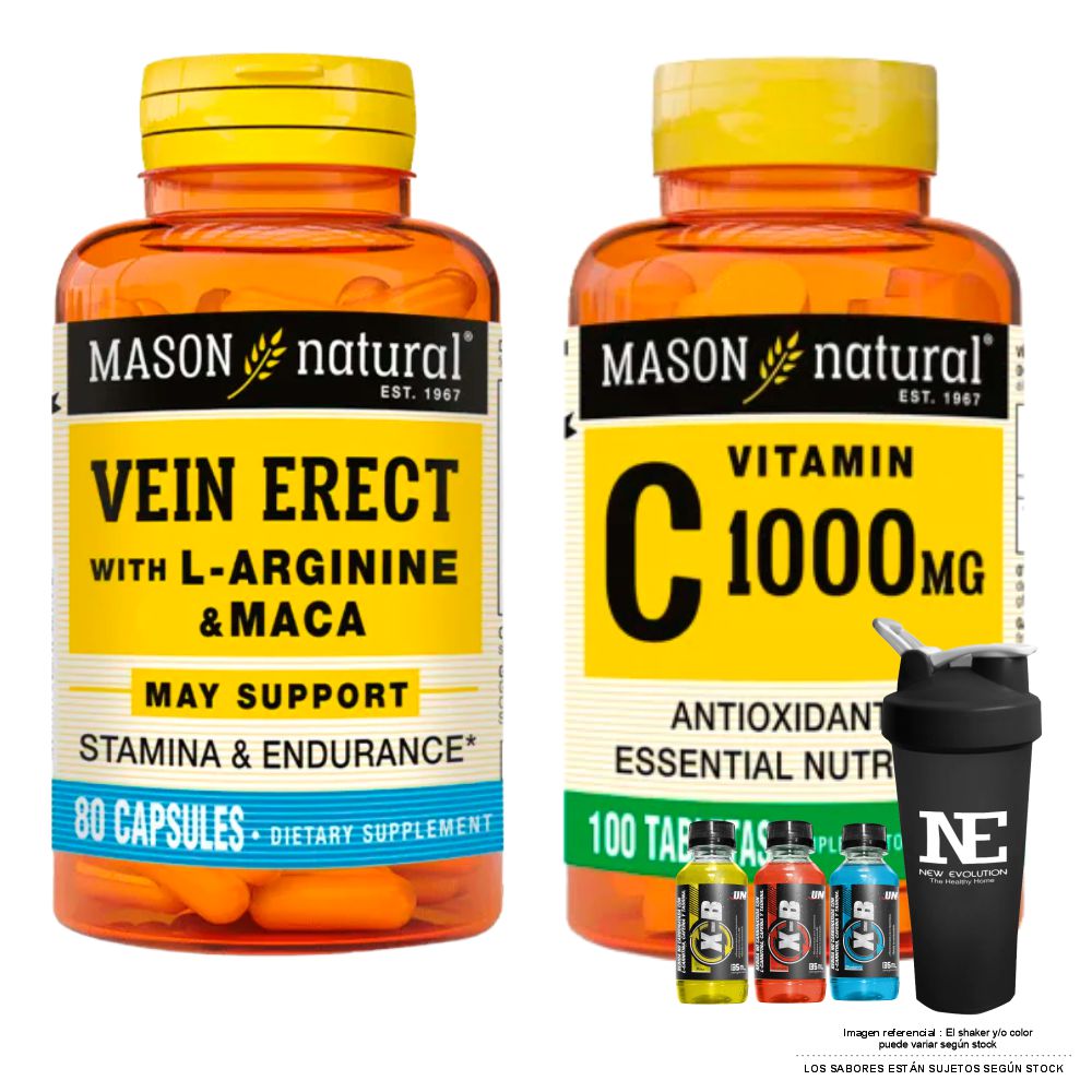 COMBO VITAMINAS MASON NATURAL - VEIN ERECT MACA + L-ARGININA (80 CAP) + VITAMINA C-1000 MG (100 TAB) + SHAKER - 1