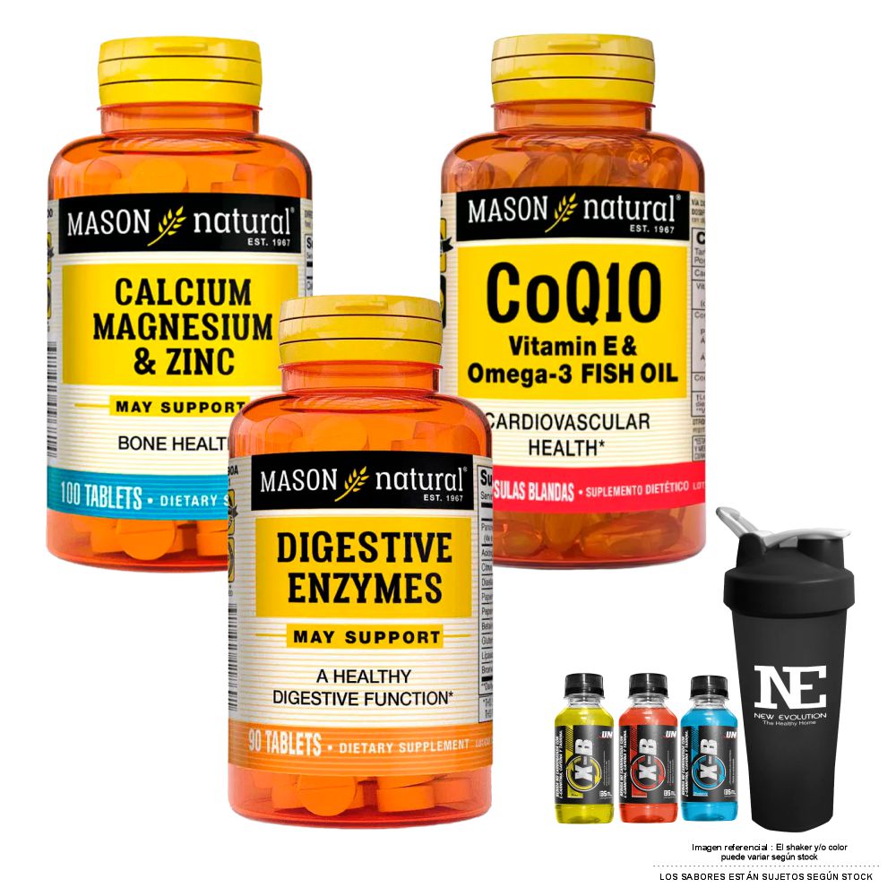 COMBO VITAMINAS MASON - CALCIO, MAGNESIO Y ZINC + COQ10 (VITAMINA E Y OMEGA 3 FISH OIL) + ENZIMAS DIGESTIVAS + SHAKER - 1