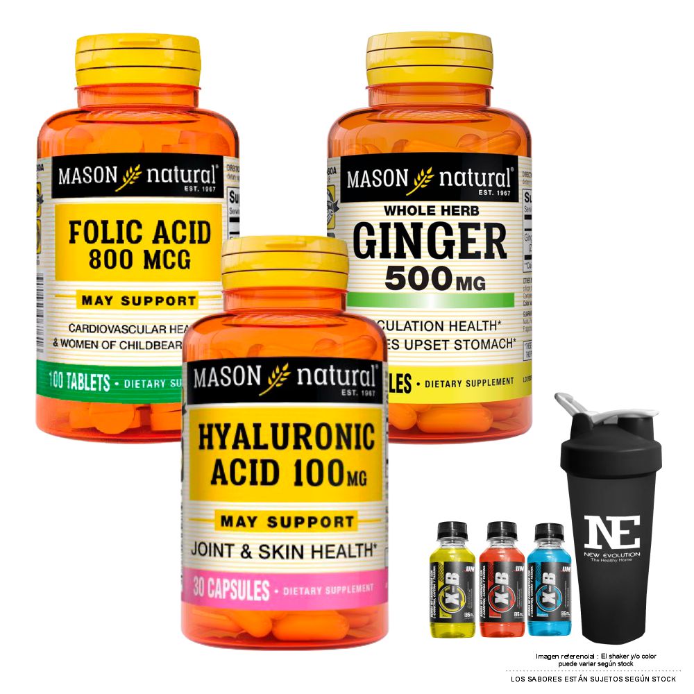 COMBO VITAMINAS MASON NATURAL - ÁCIDO FÓLICO 800 MCG (100 TAB) + GINGER (KION) 500 MG + ÁCIDO HIALURÓNICO 100 MG +SHAKER - 1