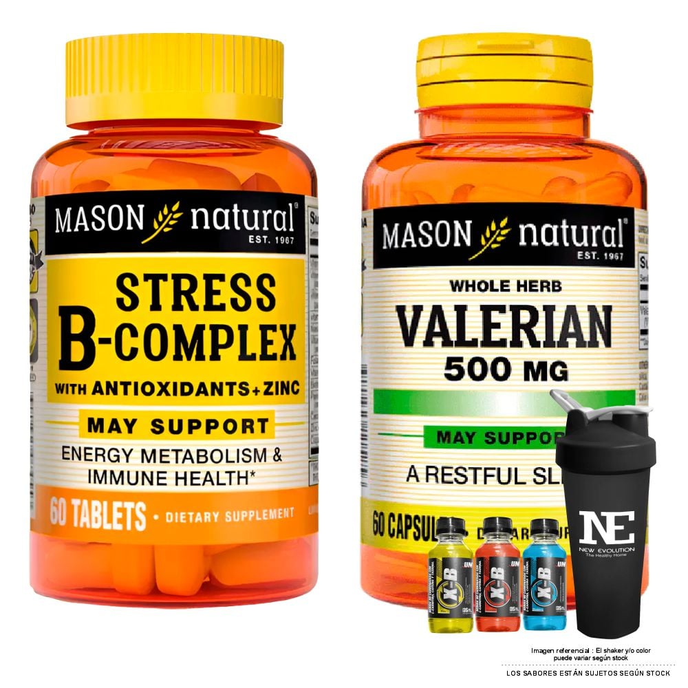 COMBO VITAMINAS MASON NATURAL - STRESS FORMULA B-COMPLEX CON ANTIOXIDANTES (60 TAB) + VALERIANA 500 MG (60 CAP) + SHAKER - 1