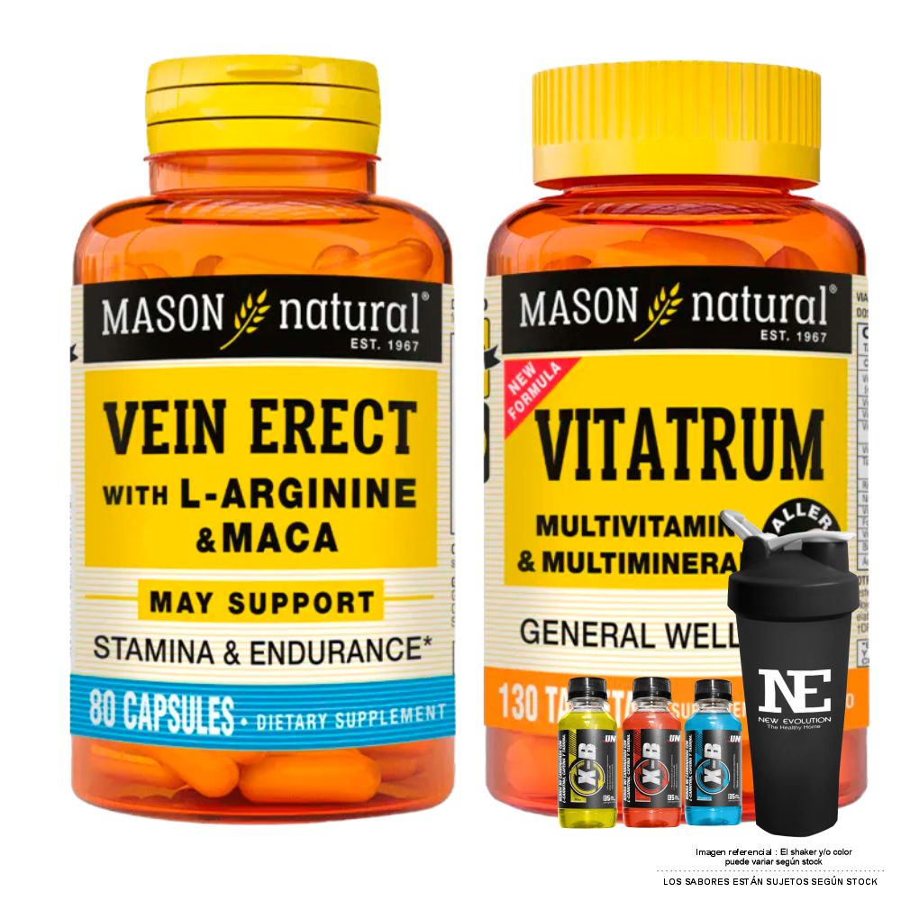 COMBO VITAMINAS MASON NATURAL - VEIN ERECT MACA + L-ARGININA (80 CAP) + VITATRUM MULTIVITAMÍNICO Y MULTIMINERAL + SHAKER - 1