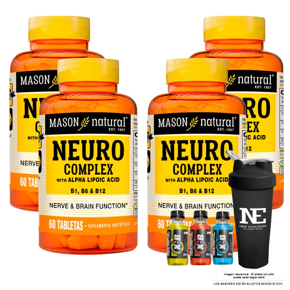 COMBO VITAMINAS MASON NATURAL - 4 NEURO COMPLEX CON ÁCIDO ALFA LIPOICO (60 TAB) + SHAKER - 1