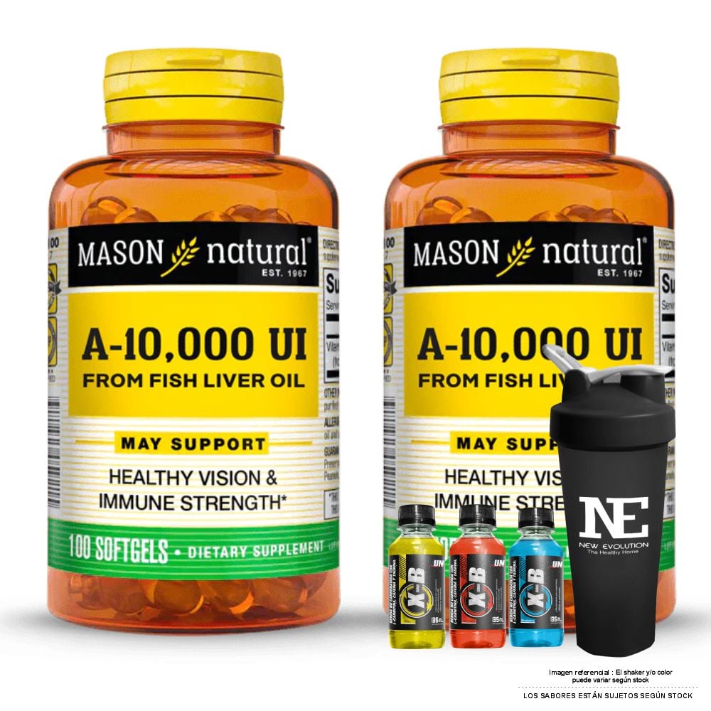 COMBO VITAMINAS MASON NATURAL - 2 VITAMINA A 10,000 UI FROM FISH LIVER OIL (100 SOFTG) + SHAKER - 1