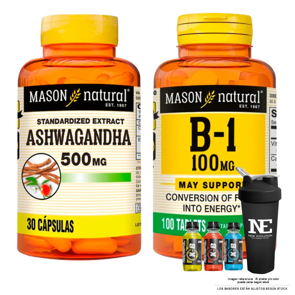 COMBO VITAMINAS MASON NATURAL - ASHWAGANDHA 500 MG (30 CAP) + VITAMINA B-1 100 MG (100 TAB) + SHAKER - 1