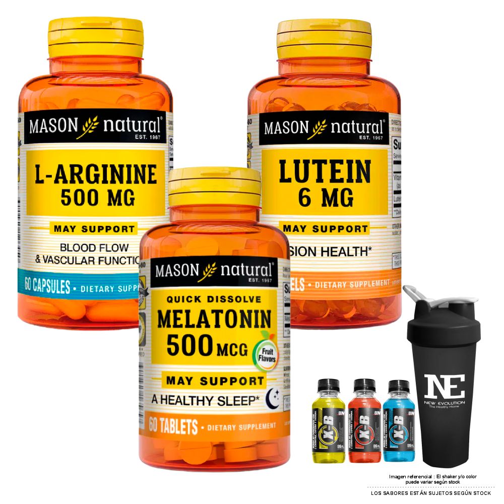 COMBO VITAMINAS MASON NATURAL - L-ARGININA 500 MG + LUTEÍNA 6 MG + MELATONINA 500 MCG (60 TAB SUBLINGUAL) + SHAKER - 1