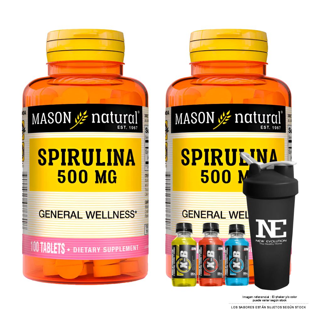COMBO VITAMINAS MASON NATURAL - 2 ESPIRULINA 500 MG (100 TAB) + SHAKER - 1