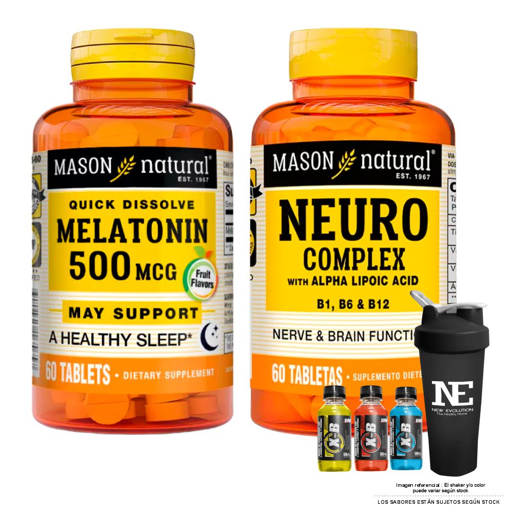 COMBO VITAMINAS MASON NATURAL - MELATONINA 500 MCG (60 TAB SUBLINGUAL) + NEURO COMPLEX CON ÁCIDO ALFA LIPOICO + SHAKER - 1