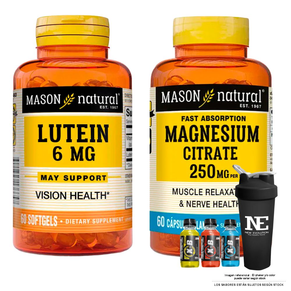 COMBO VITAMINAS MASON NATURAL - LUTEÍNA 6 MG (60 SOFTG) + CITRATO DE MAGNESIO (60 SOFTG) + SHAKER - 1