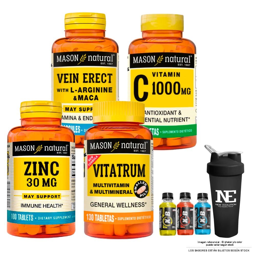 COMBO VITAMINAS MASON- VEIN ERECT MACA + VITAMINA C-1000 MG+ VITATRUM MULTIVITAMÍNICO Y MULTIMINERAL + ZINC 30MG +SHAKER - 1