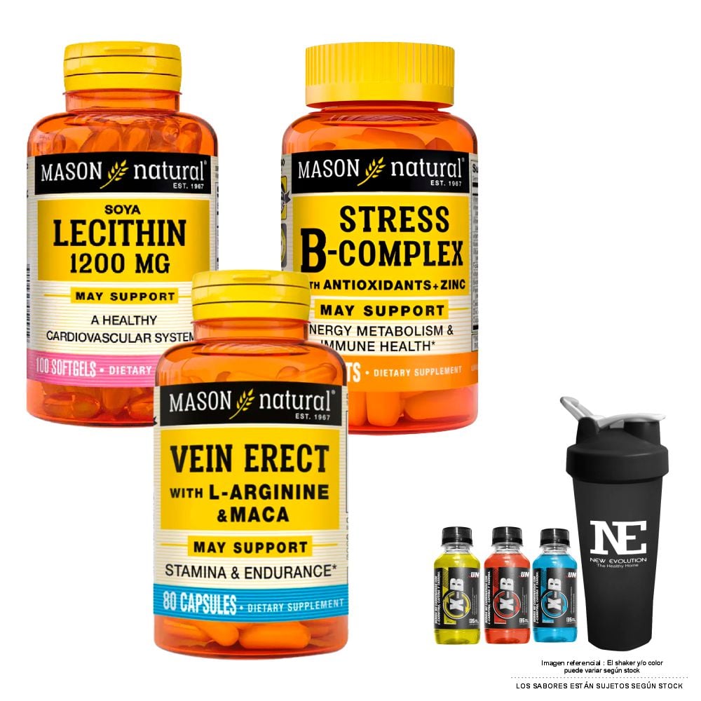 COMBO VITAMINAS MASON NATURAL - LECITINA DE SOYA + STRESS FORMULA B-COMPLEX CON ANTIOXIDANTES + VEIN ERECT MACA + SHAKER - 1