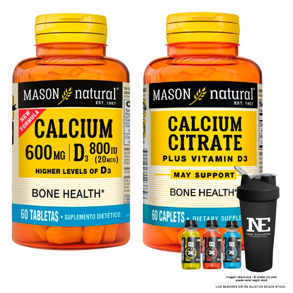 COMBO VITAMINAS MASON NATURAL - CALCIO 600MG D3 800IU (60 TAB) + CITRATO DE CALCIO CON VITAMINA D3 (60 TAB) + SHAKER - 1