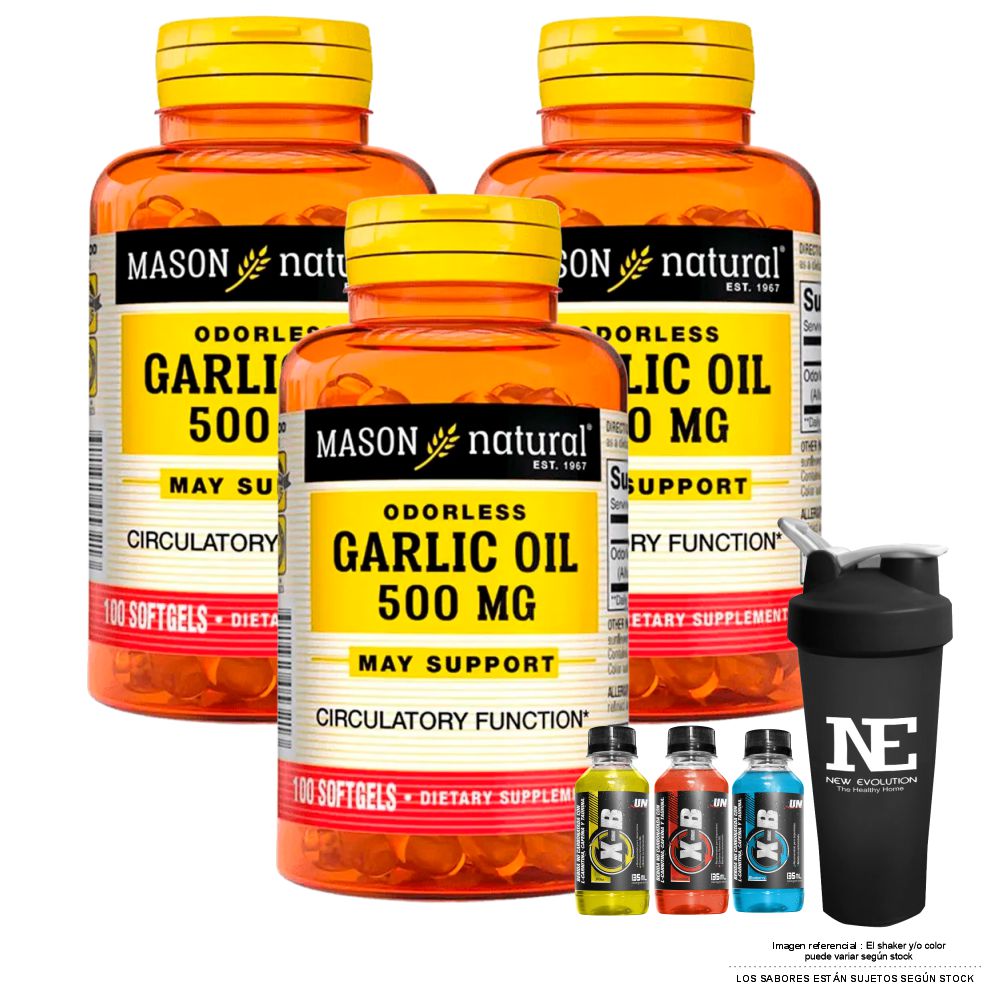 COMBO VITAMINAS MASON NATURAL - 3 ACEITE DE AJO 500 MG (100 SOFTG) + SHAKER - 1