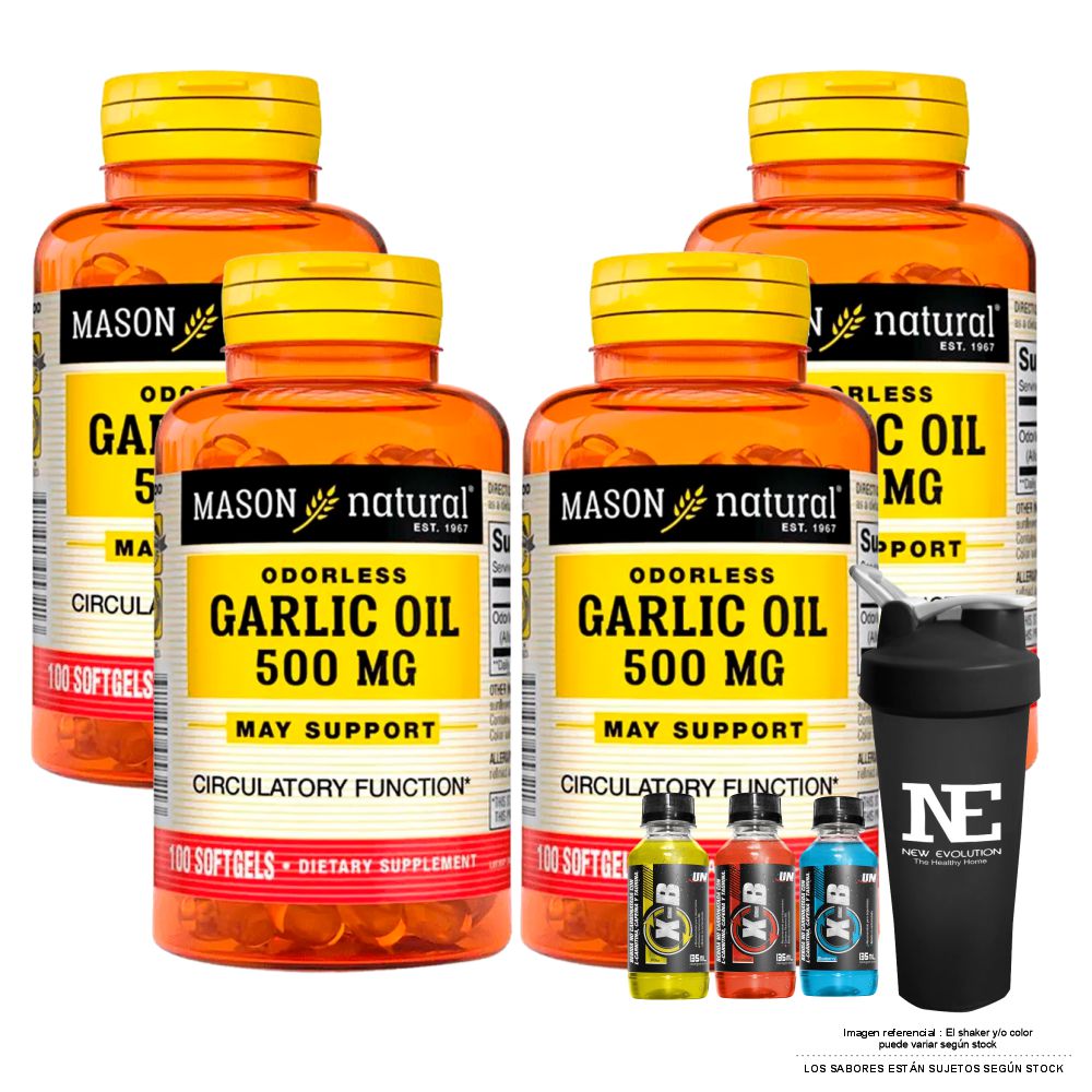 COMBO VITAMINAS MASON NATURAL - 4 ACEITE DE AJO 500 MG (100 SOFTG) + SHAKER - 1