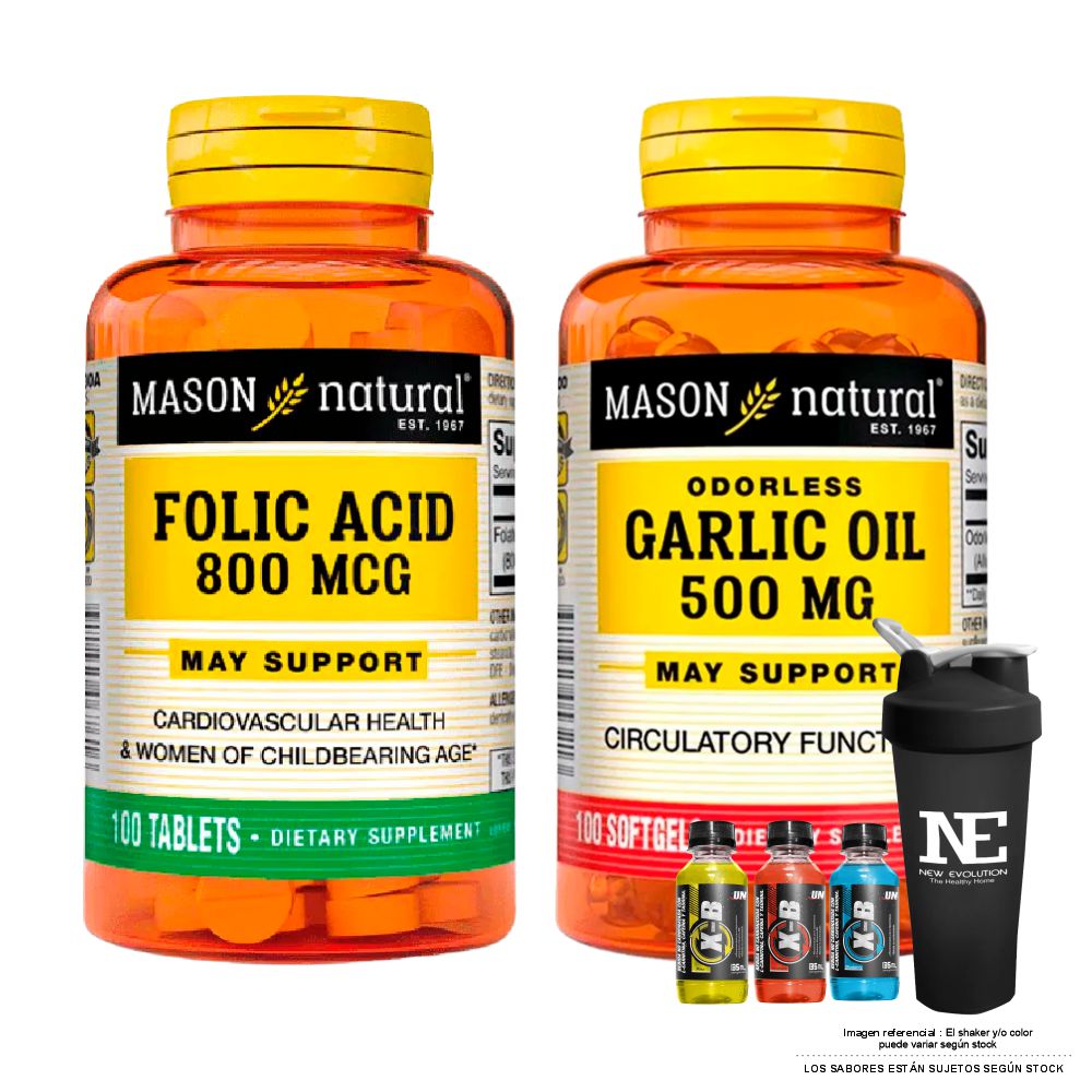 COMBO VITAMINAS MASON NATURAL -  ÁCIDO FÓLICO 800 MCG (100 TAB) + ACEITE DE AJO 500 MG (100 SOFTG) + SHAKER - 1