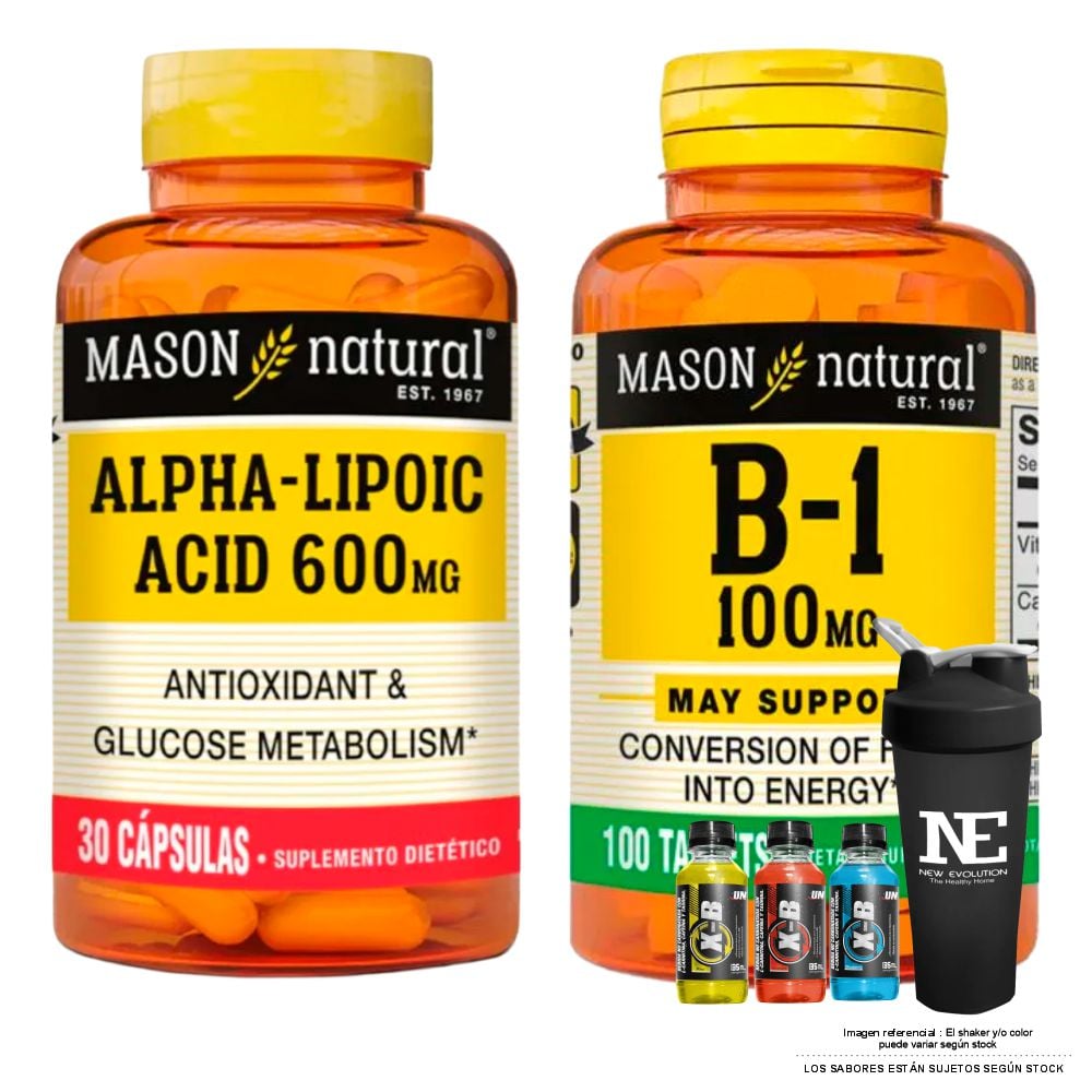 COMBO VITAMINAS MASON NATURAL - ÁCIDO ALFA LIPOICO 600 MG (30 CAP) + VITAMINA B-1 100 MG (100 TAB) + SHAKER - 1