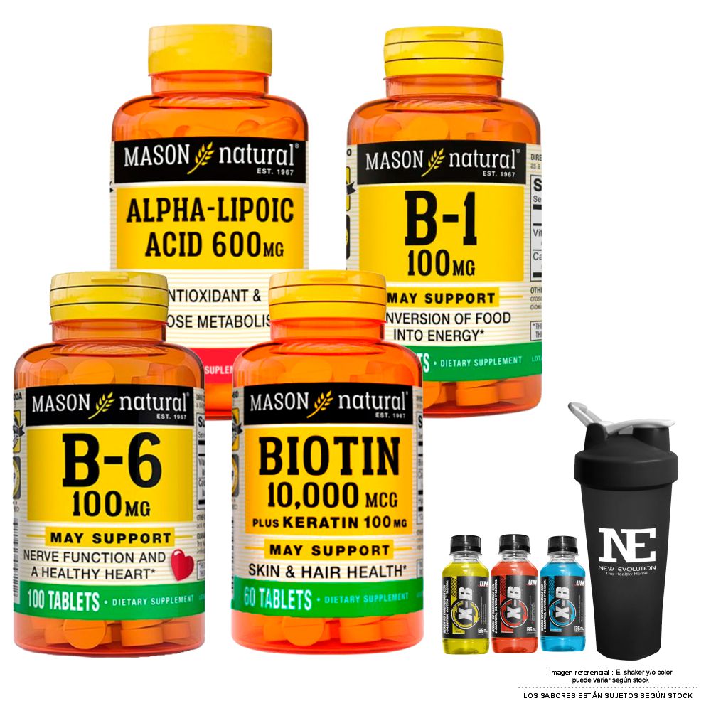 COMBO VITAMINAS MASON- ÁCIDO ALFA LIPOICO 600 MG + VITAMINA B-1 100MG + VITAMINA B-6 100MG + BIOTINA 10,000 PLUS +SHAKER - 1
