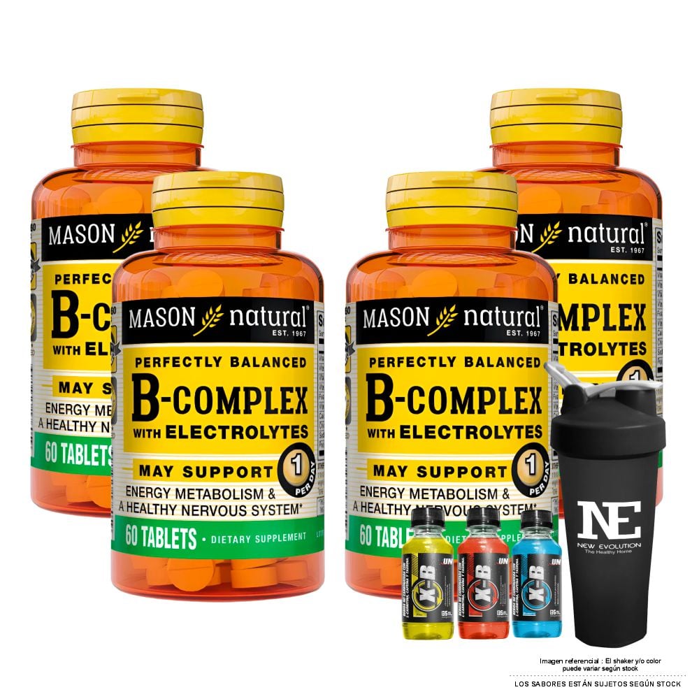 COMBO VITAMINAS MASON NATURAL - 4 COMPLEJO B CON ELECTROLITOS (60 TAB) + SHAKER - 1